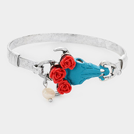 Triple Flower Steer Head Pearl Charm Hook Bracelet