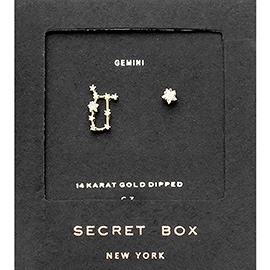 Secret Box_14K Gold Dipped CZ Stone Paved Gemini Zodiac Sign Stud Earrings