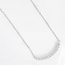 White Gold Dipped CZ Stone Paved Curved Bar Pendant Necklace