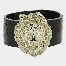 Lion Accented Leather Snap Button Bracelet