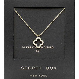 Secret Box _ 14K Gold Dipped CZ Quatrefoil Pendant Necklace