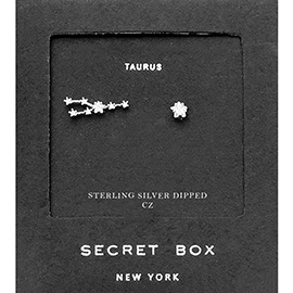 Secret Box_Sterling Silver Dipped CZ Stone Paved Taurus Zodiac Sign Stud Earrings