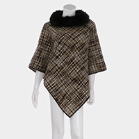 Plaid Check Faux Fur Neck Detail Cape Poncho