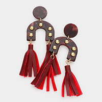 Studded Celluloid Acetate Double Leather Tassel Dangle Earrings