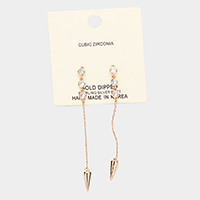 Gold Dipped Triple Cubic Zirconia Metal Spike Drop Earrings