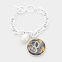-P- Initial Monogram Pearl Charm Chain Link Bracelet