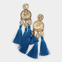 Metal Coin Triple Tassel Dangle Earrings