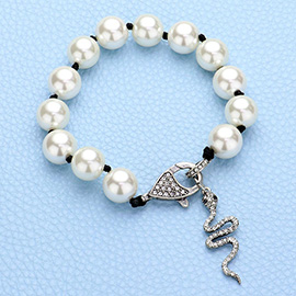 Pave Snake Pendant Pearl Bracelet