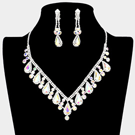 Crystal Rhinestone Bubbly Teardrop Necklace Clip on Earring Set