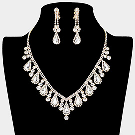 Crystal Rhinestone Bubbly Teardrop Necklace Clip on Earring Set