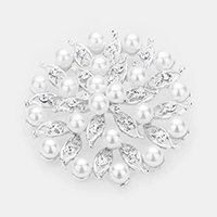 Pearl Crystal Embellished Leaf Brooch