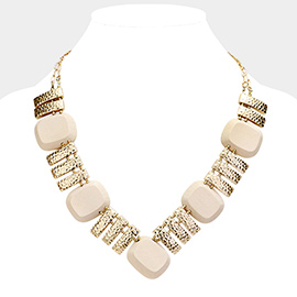 Hammered Bar Wood Bead Collar Statement Necklace