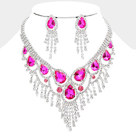 Teardrop Stone Accented Fringe Evening Necklace