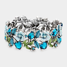 Glass Crystal Metal Flower Leaf Evening Bracelet