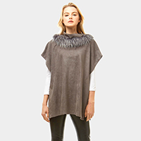 Suede Feel Turtle Neck Faux Fur Poncho