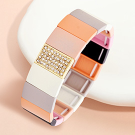 Colorful Wood Rectangle Rhinestone Pave Stretch Bracelet