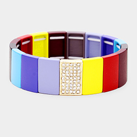 Colorful Wood Rectangle Rhinestone Pave Stretch Bracelet