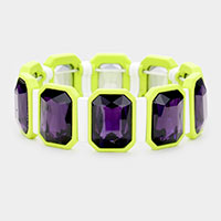 Emerald Cut Glass Crystal Resin Bezel Stretch Bracelet 