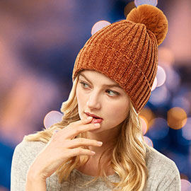 Solid Chenille Pom Pom Beanie Hat