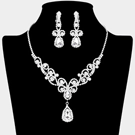 Teardrop Crystal Rhinestone Vine Drop Collar Necklace Clip on Earring Set