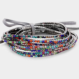 12PCS - Ribbon Colorful Rhinestone Layered Stretch Bracelets