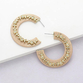 Thread Wrapped Rhinestone Flower Embellished Hoop Earrings