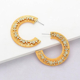 Thread Wrapped Rhinestone Flower Embellished Hoop Earrings