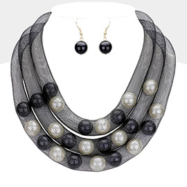 Triple Mesh Tube Pearl Collar Necklace