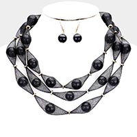 Triple Mesh Tube Pearl Collar Necklace