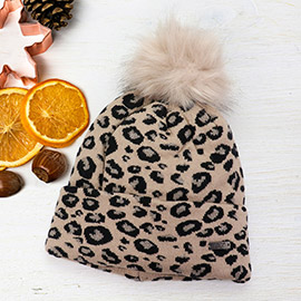 Cheetah Print Double Layered Pom Pom Beanie Hat