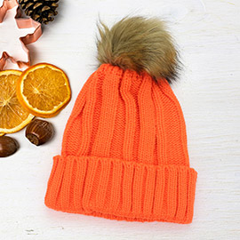 Chunky Knit Cuffed Pom Pom Single Layered Beanie Hat