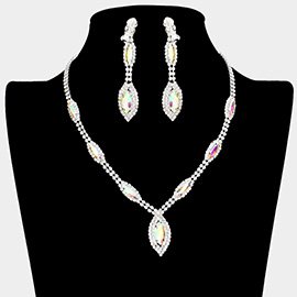 Marquise Crystal Rhinestone Drop Necklace Clip On Earring Set