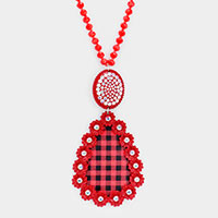 Buffalo Check Plaid Flower Rhinestone Pendant Long Necklace