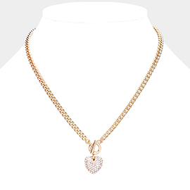 Crystal Rhinestone Pave Heart Pendant Toggle Necklace 