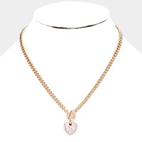 Crystal Rhinestone Pave Heart Pendant Toggle Necklace 