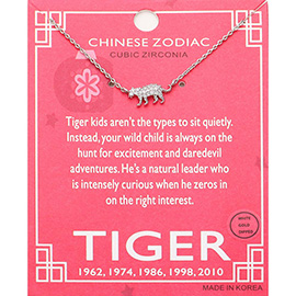 Lunar 12 Zodiac White Gold Dipped CZ Tiger Pendant Necklace