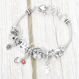 Hamsa Hand Wish Bone Charm Multi Bead Bracelet