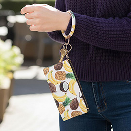 Faux Leather Tropical Fruits Pattern Keychain Bracelet Mini Pouch Bag