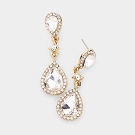 Double Teardrop Stone Accented Dangle Evening Earrings