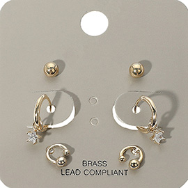 3Pairs  - Brass Metal Ball Stud Rhinestone Dangle Earrings