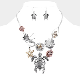 Antique Metal Turtle Sea Life Link Bib Necklace