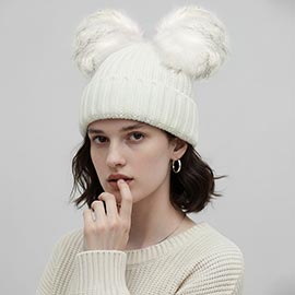 Double Pom Pom Knit Beanie Hat