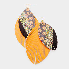 Pumpkin Pattern Diagonal Glitter Marquise Shaped Cut Leather Earrings