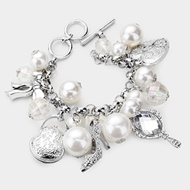 Pearl Metal Bow Bag Stiletto Heel Mirror Heart Charm Toggle Bracelet