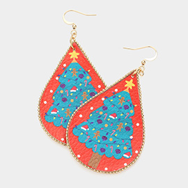 Christmas Tree Print Faux Leather Teardrop Earrings