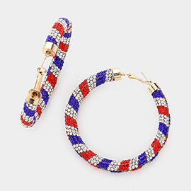 American USA Flag Rhinestone Pave Hoop Earrings