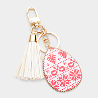 Christmas Pattern Print Faux Leather Teardrop Tassel Keychain