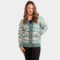 Zebra Pattern In Front Button Closure Pocket Cardigan