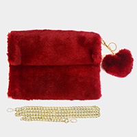 Detachable Heart Pom Pom Keychain Faux Fur Crossbody Bag