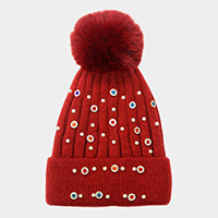 Pearl Stone Embellished Detail Pom Pom Beanie Hat